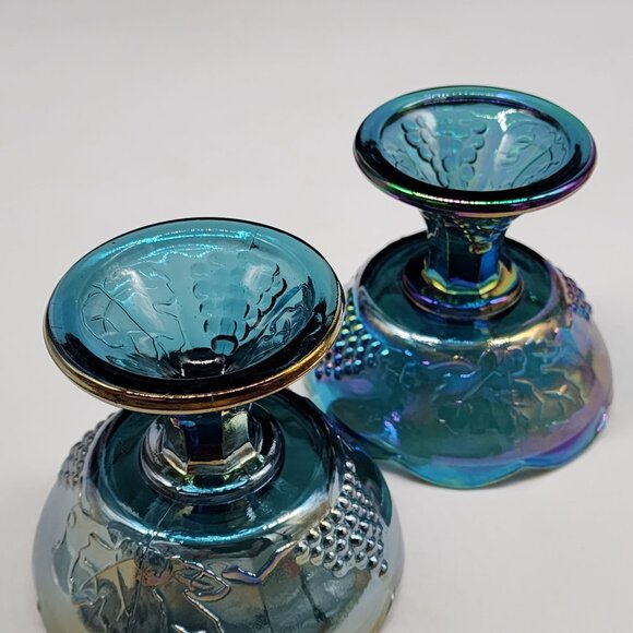 Indiana Grape Pattern Carnival Glass Candle Holders Blue & Iridescent Finish 4" - Picture 7 of 7